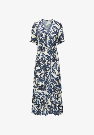 Biele midi šaty s modrým a čiernym listovým vzorom, krátkymi rukávmi, výstrihom do V, gombíkmi vpredu a nariaseným lemom.