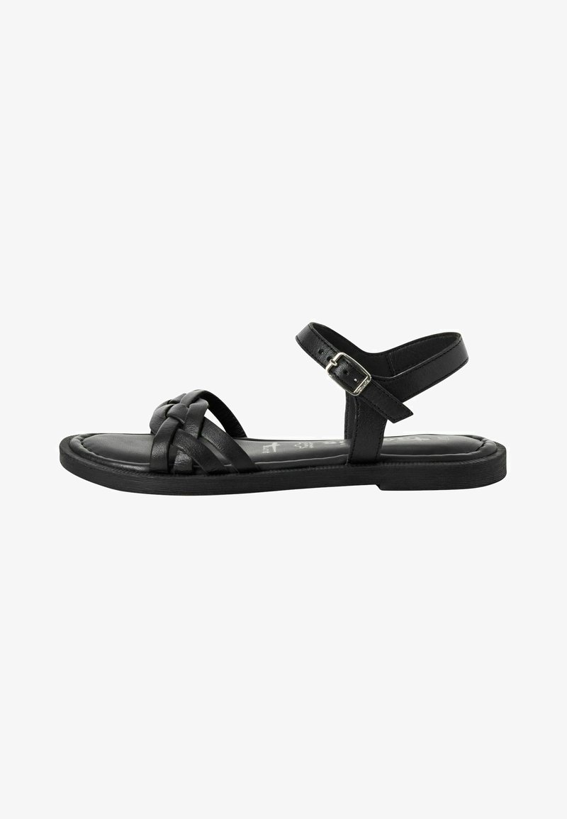 Black leather sandal with braided upper design, adjustable ankle strap, flat sole, and smooth texture. Suitable for casual wear.