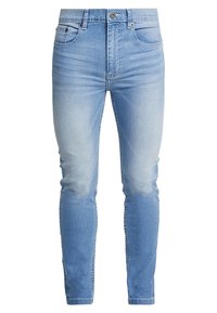 Jasnoniebieskie dżinsy o dopasowanym kroju, z delikatnym wyblaknięciem, zapięciem na guziki oraz pięcioma kieszeniami. Gładka faktura i klasyczny styl.