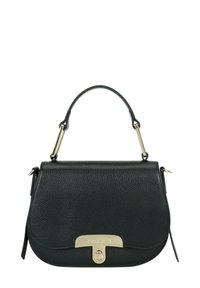 Borsa a mano in pelle nera con superficie testurizzata, chiusura a patta, dettagli in metallo dorato e manico corto. Design compatto e strutturato.