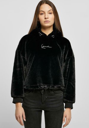 Black cropped hoodie made of plush fabric, featuring a drawstring hood, ribbed cuffs, and silver embroidered logo on the front.