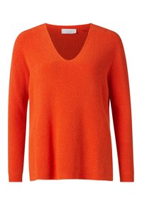 Pull orange à col en V en texture côtelée, manches longues et coupe décontractée, idéal pour superposer ou pour une tenue décontractée.