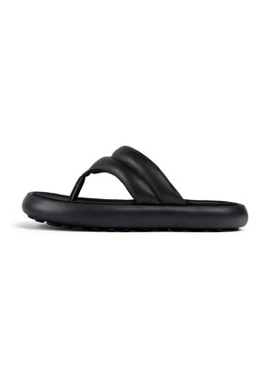 Black leather flip-flop featuring a textured strap design and a cushioned sole with a round edge and grip detailing on the bottom.