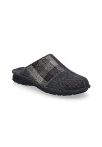 Graue hausschuhe aus einem strukturierten, karierten Stoff. Niedriger Absatz, abgerundete Zehenpartie und eine schwarze Gummisohle. Legere Innenraumschuhe.