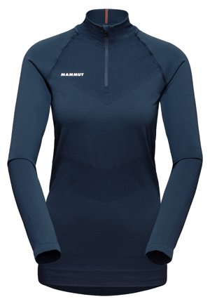 Dunkelblaue Langarm-Thermooberteile mit Reißverschluss und geometrischem Muster, mit einem Logo auf der Brust und eng anliegenden Ärmeln.