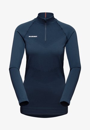 Dunkelblaue Langarm-Thermooberteile mit Reißverschluss und geometrischem Muster, mit einem Logo auf der Brust und eng anliegenden Ärmeln.