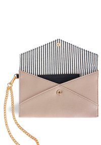 Pink leather envelope clutch with gold chain strap. Interior features black card holder and black-and-white striped lining. Button closure.