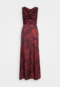 Dolge, maroon obleke s cowl izrezom, ki imajo cvetlični vzorec v temnejših odtenkih. Narejena iz gladkega materiala, ki se mehko spušča.
