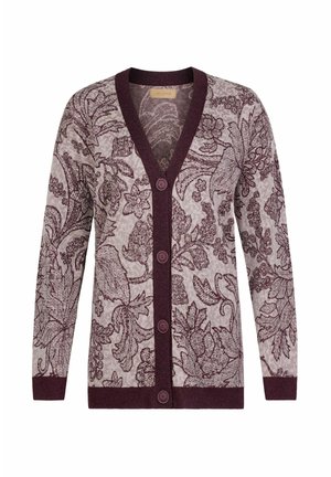 Langärmeliger Cardigan mit Knöpfen, bordeauxfarbenem Blumenmuster auf hellgrauem Stoff und einfarbigen bordeauxfarbenen Abschlüssen an Bündchen, Saum und Ausschnitt.