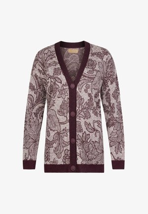 Langärmeliger Cardigan mit Knöpfen, bordeauxfarbenem Blumenmuster auf hellgrauem Stoff und einfarbigen bordeauxfarbenen Abschlüssen an Bündchen, Saum und Ausschnitt.