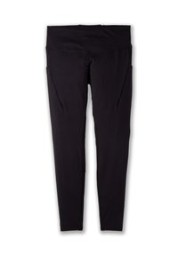 Leggings sportivi neri con vita alta, realizzati in tessuto elastico, dotati di tasche laterali e cuciture piatte per una vestibilità liscia.