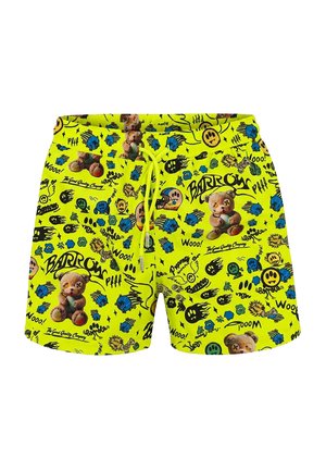 Costume da bagno giallo con coulisse, con orsetti, facce sorridenti blu e verdi, girasoli e testo e grafica in stile fumetto.