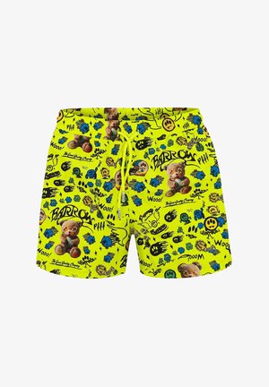 Costume da bagno giallo con coulisse, con orsetti, facce sorridenti blu e verdi, girasoli e testo e grafica in stile fumetto.