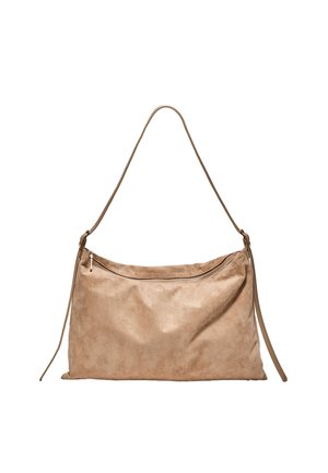 Borsa a spalla in morbido camoscio color marrone chiaro con chiusura superiore a zip singola e una tracolla lunga e sottile per il trasporto.