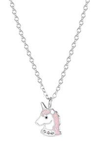 Zilveren ketting met een eenhoornhanger met roze accenten en sprankelende details, een soepele afwerking en een speels ontwerp.
