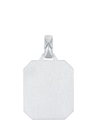 Pendente ottagonale in argento con superficie texturizzata e un anello per il fissaggio, caratterizzato da bordi lisci e un gancio lucidato.