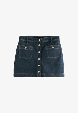 Jupe en denim bleu foncé avec une coupe droite. Comprend six boutons dorés sur le devant et deux poches latérales. Coutures contrastées visibles.
