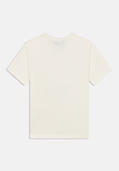 Μπεζ βαμβακερό T-shirt με κοντά μανίκια, στρογγυλή λαιμόκοψη και απλή πλάτη, με λεία υφή και ευθεία ραφή στο τελείωμα.