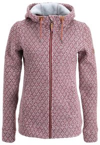 Veste à capuche en tricot bordeaux et blanc avec fermeture éclair, cordons de serrage, manches longues et capuche doublée en polaire.