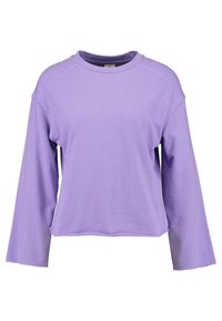Top corto a maniche lunghe di colore viola in morbido cotone, con scollo rotondo e vestibilità rilassata, maniche ampie e orlo sopra la vita.