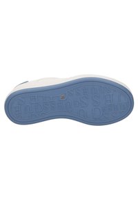 Vista inferiore di una scarpa con una suola blu texturizzata caratterizzata da lettering in rilievo. La parte intermedia è bianca, con una forma liscia e arrotondata.