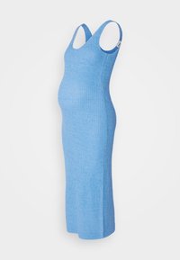 Vestito blu a costine con silhouette aderente, spalline larghe e orlo fino al ginocchio. Realizzato in materiale a maglia testurizzato.