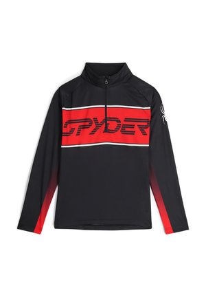 Zwarte sportieve pullover met een rode streep met de tekst "SPYDER", kwart-rits kraag, lange mouwen en een spinnenlogo op de linker mouw.