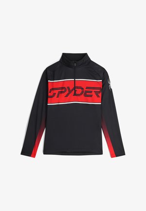 Zwarte sportieve pullover met een rode streep met de tekst "SPYDER", kwart-rits kraag, lange mouwen en een spinnenlogo op de linker mouw.