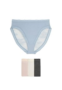 Lichtblauwe katoenen slip met kantafwerking en doorschijnende gaaszijden. Set bevat drie extra paren in lichtroze, wit en donkergrijs.