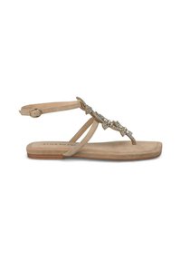 Sandal in beige con texture scamosciata, caratterizzato da una fascia decorativa accentuata con strass, una cinghia alla caviglia regolabile e una suola piatta.
