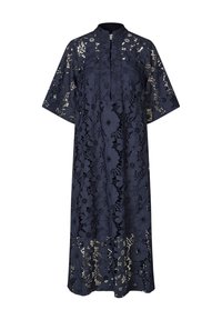 Vestido de encaje azul marino con patrones florales, un cuello alto, mangas cortas y un corte holgado. El diseño intrincado presenta elementos transparentes.