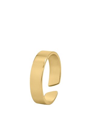 Goldfarbener, glatter, offen gestalteter breiter Ring, der um einen Finger als minimalistischer Ring getragen wird.