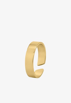 Gyldenfarvet glat, åbent bredt bånd designet til at passe rundt om en finger som en minimalistisk ring.