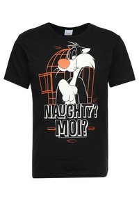Camiseta negra con el personaje de cartoon Sylvester el gato, una jaula para pájaros naranja y el texto "¿MALO? ¿YO?" en letras grandes.