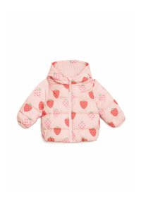 Giubbotto imbottito rosa chiaro con cappuccio, caratterizzato da un motivo di fragole rosse e verdi. Chiusura con zip frontale e maniche corte con polsini elastici.