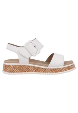 White sandals with a wide strap and square buckle. Features a textured cork platform with zigzag patterns and a soft footbed.
