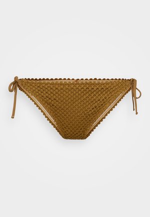 Spodnji del modrčka v teksturiranem, zlato-rjavem kvačenem dizajnu s valovitimi robovi in nastavljivimi stranskimi vezalkami.
