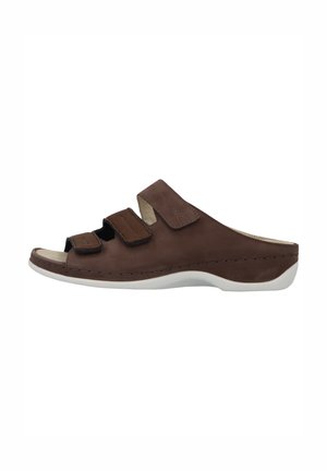 Brown leather slide sandal featuring three adjustable Velcro straps, open toe design, white outsole, and stitching detail along the edge.