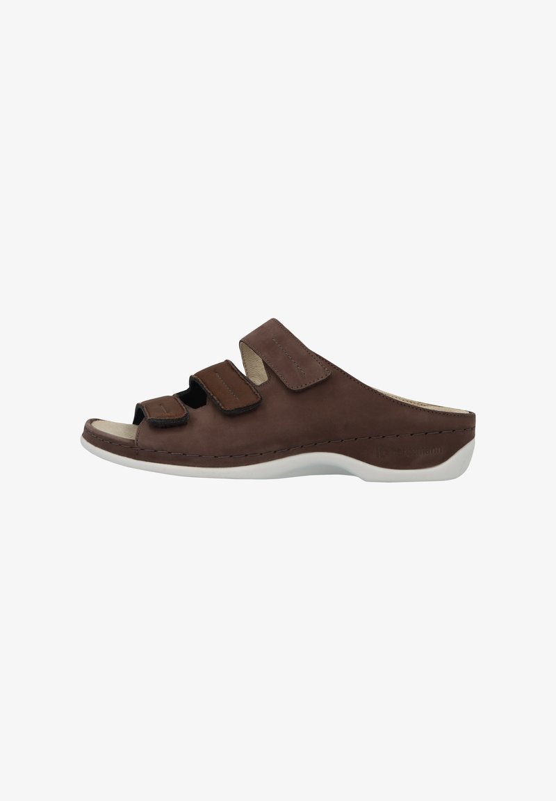 Brown leather slide sandal featuring three adjustable Velcro straps, open toe design, white outsole, and stitching detail along the edge.