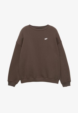 Brauner Sweatshirt mit rundem Halsausschnitt, überschnittenen Schultern und weißem Logo auf der Brust. Hergestellt aus weichem, strukturiertem Stoff mit gerippten Bündchen.
