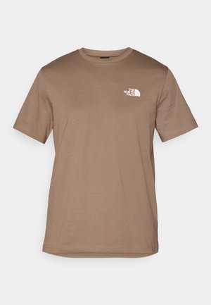 Brown short-sleeve T-shirt made of cotton with a ribbed crew neck. Features a small white logo on the left chest area.