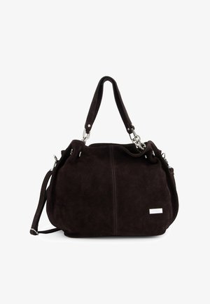 Brun ruskindshåndtaske med en afrundet form, dobbelte håndtag og en aftagelig skulderstrop. Sølvfarvede hardware-detaljer tilføjer kontrast.