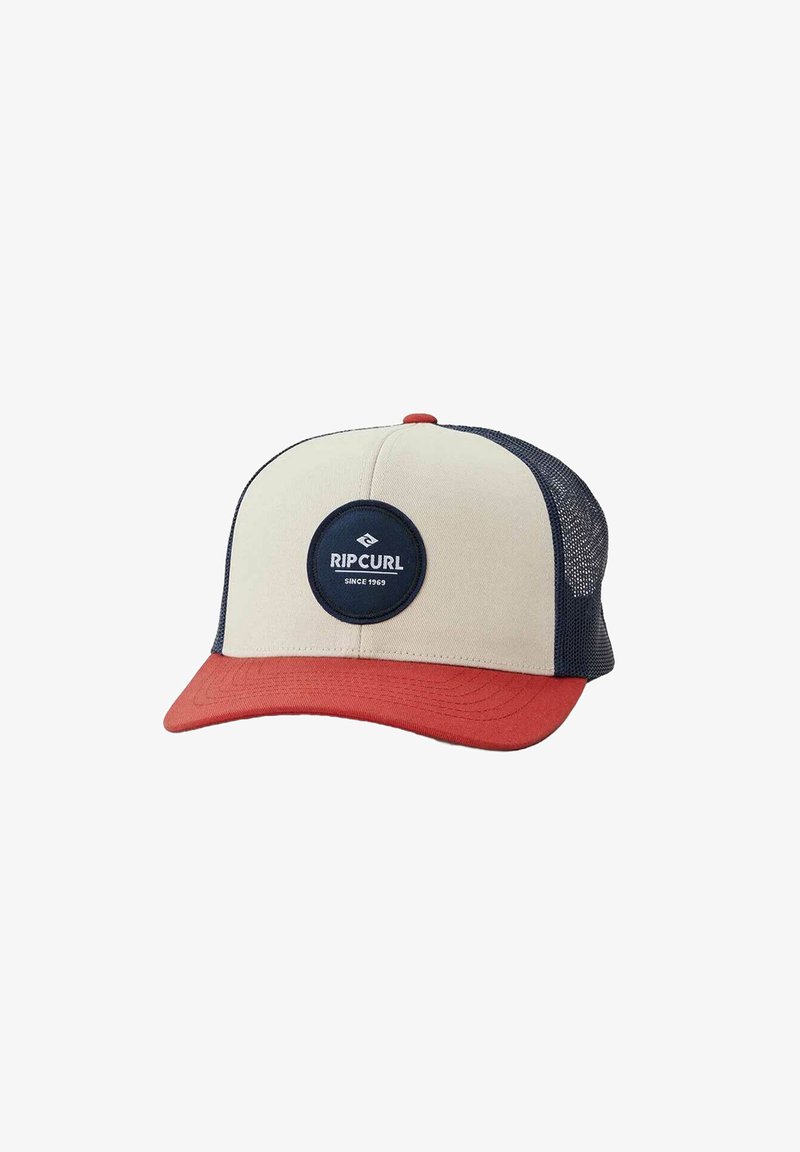 Casquette de baseball avec un devant beige, une visière rouge et des côtés en maille bleue. Présente un patch de logo circulaire avec le texte "Rip Curl" et l'année "1969."
