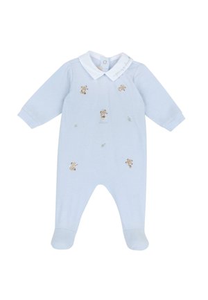 Body per neonato azzurro chiaro con colletto bianco, maniche lunghe, piedi coperti e piccoli orsetti e foglie ricamati sul davanti.