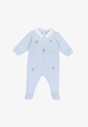 Body pour bébé bleu clair avec col blanc, manches longues, pieds couverts, et petits ours en peluche brodés ainsi que des feuilles sur le devant.