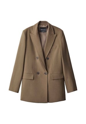 Blazer doppio petto marrone realizzato in tessuto testurizzato. Presenta revers a punta, due tasche frontali e una tasca sul petto.