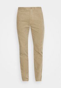 Beiga kordflöjlsbyxor med rak ben-design, som har subtila vertikala ränder och en enda knappstängning vid midjan.