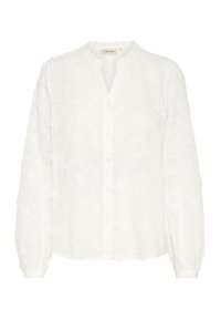Valkoinen brodyyri-pusero, jossa on henley-kaula-aukko, pitkät puffihihat, nappi-kiinnitys ja kukkakuviot koko vaatteessa. Pehmeä, kevyt kangas.