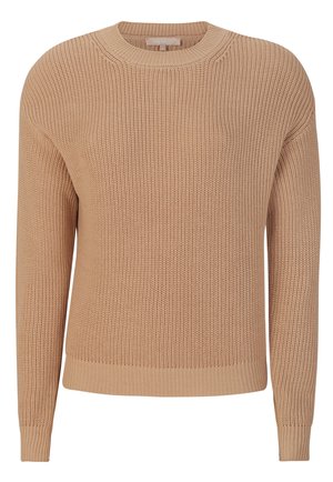 Maglione beige in maglia con scollo tondo, maniche lunghe, polsini e orlo a coste, con motivo testurizzato su tutta la superficie.