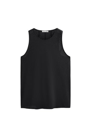 Mustapaita ilmanhihoja, jossa on reikäkuvio, pyöreä kaula-aukko ja suora helma. Valmistettu kevyestä kankaasta hengittävyyden vuoksi.